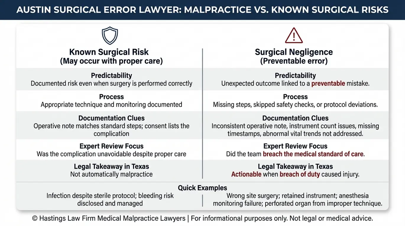 Tabla comparativa que explica la diferencia entre negligencia médica y los riesgos quirúrgicos conocidos, revisada por un abogado especializado en errores quirúrgicos de Austin utilizando criterios sobre el estándar de atención, indicadores de documentación y conclusiones legales en Texas.