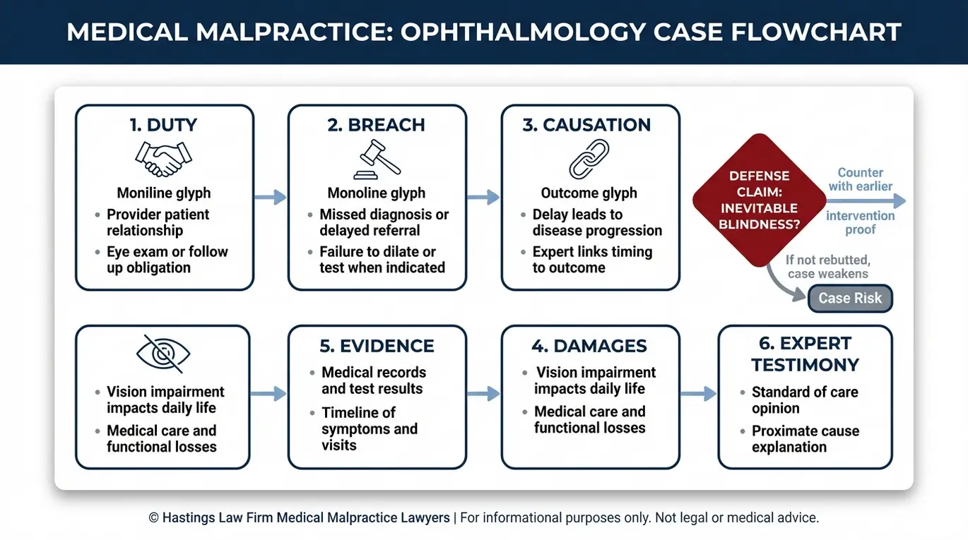 Diagrama de flujo que utiliza un abogado especializado en negligencia profesional de optometristas Texas para explicar el incumplimiento del deber, la causalidad y los daños y perjuicios, con las etapas clave de las pruebas y los testimonios de expertos en una demanda por negligencia oftalmológica.