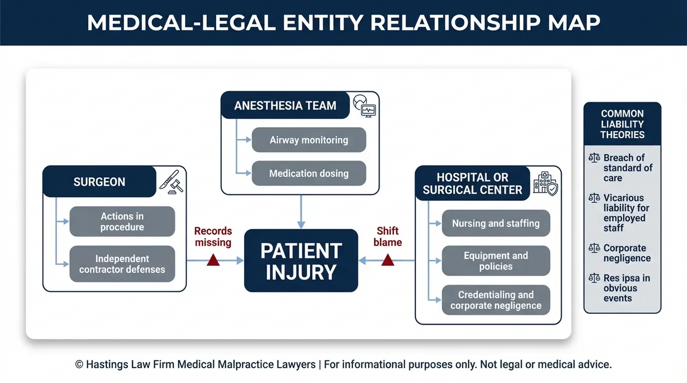 Diagrama de relaciones entre entidades que explica las vías de responsabilidad en un caso de un abogado especializado en errores quirúrgicos de Arizona, en el que se vincula la lesión del paciente con las obligaciones del equipo de anestesia del cirujano y del hospital, incluyendo la responsabilidad subsidiaria, la negligencia corporativa y el incumplimiento del estándar de atención.