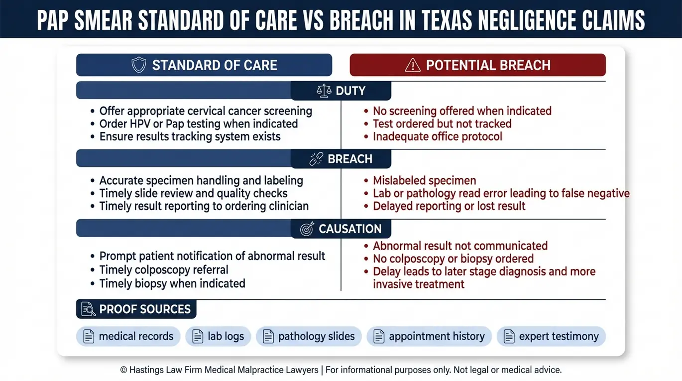 Tabla comparativa para un abogado especializado en casos de diagnóstico erróneo de cáncer de cuello uterino Texas, en la que se muestra el estándar de atención en la prueba de Papanicolaou frente al incumplimiento del deber de diligencia y la relación de causalidad, con fuentes de prueba habituales.