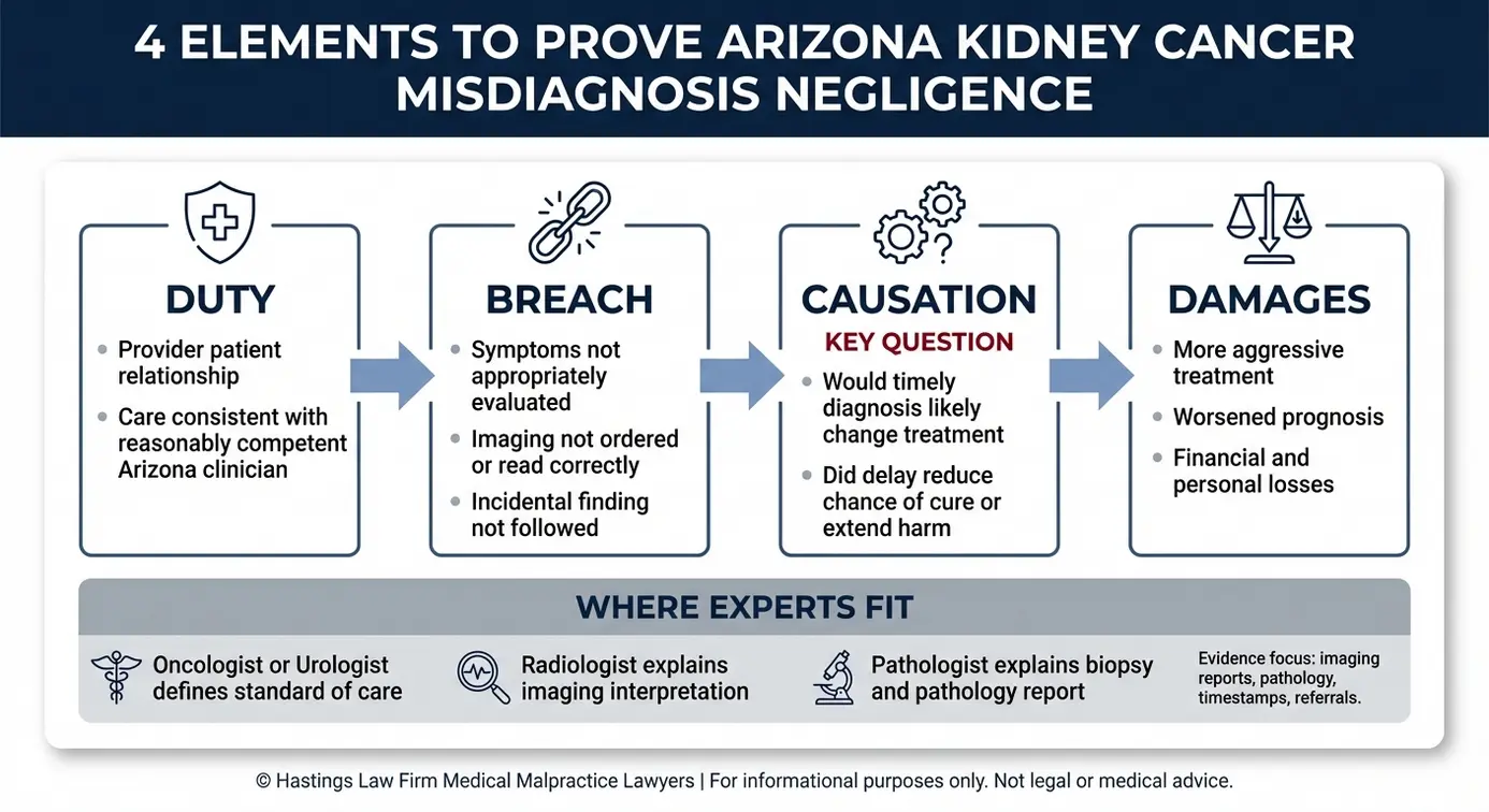 Diagrama de flujo que muestra los cuatro elementos de la negligencia —incumplimiento del deber, causalidad y daños y perjuicios— que utiliza un abogado especializado en casos de diagnóstico erróneo de cáncer de riñón en Arizona para demostrar una demanda por retraso en el diagnóstico.