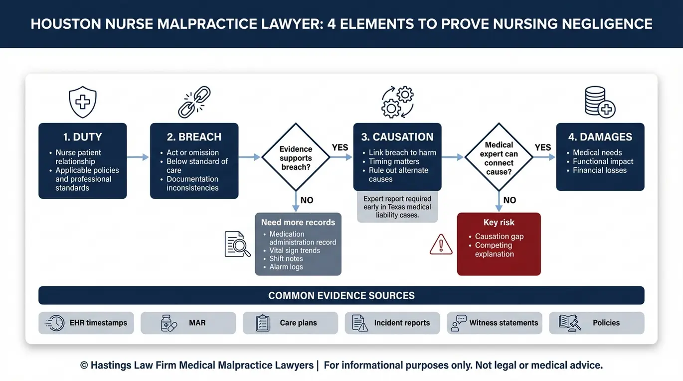 Diagrama de flujo sobre la causalidad del incumplimiento del deber y los daños, además de las pruebas y los criterios de decisión de los expertos que utiliza un abogado especializado en negligencia médica de Houston para demostrar la negligencia de enfermería.