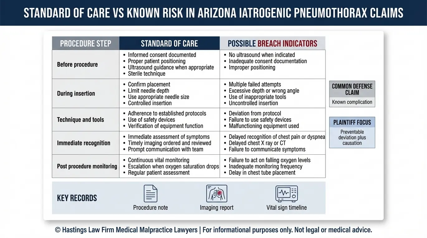 Comparison chart for an Arizona Pneumothorax From Medical Procedure Lawyer showing standard of care versus breach indicators including ultrasound guidance documentation imaging review and delayed recognition evidence.