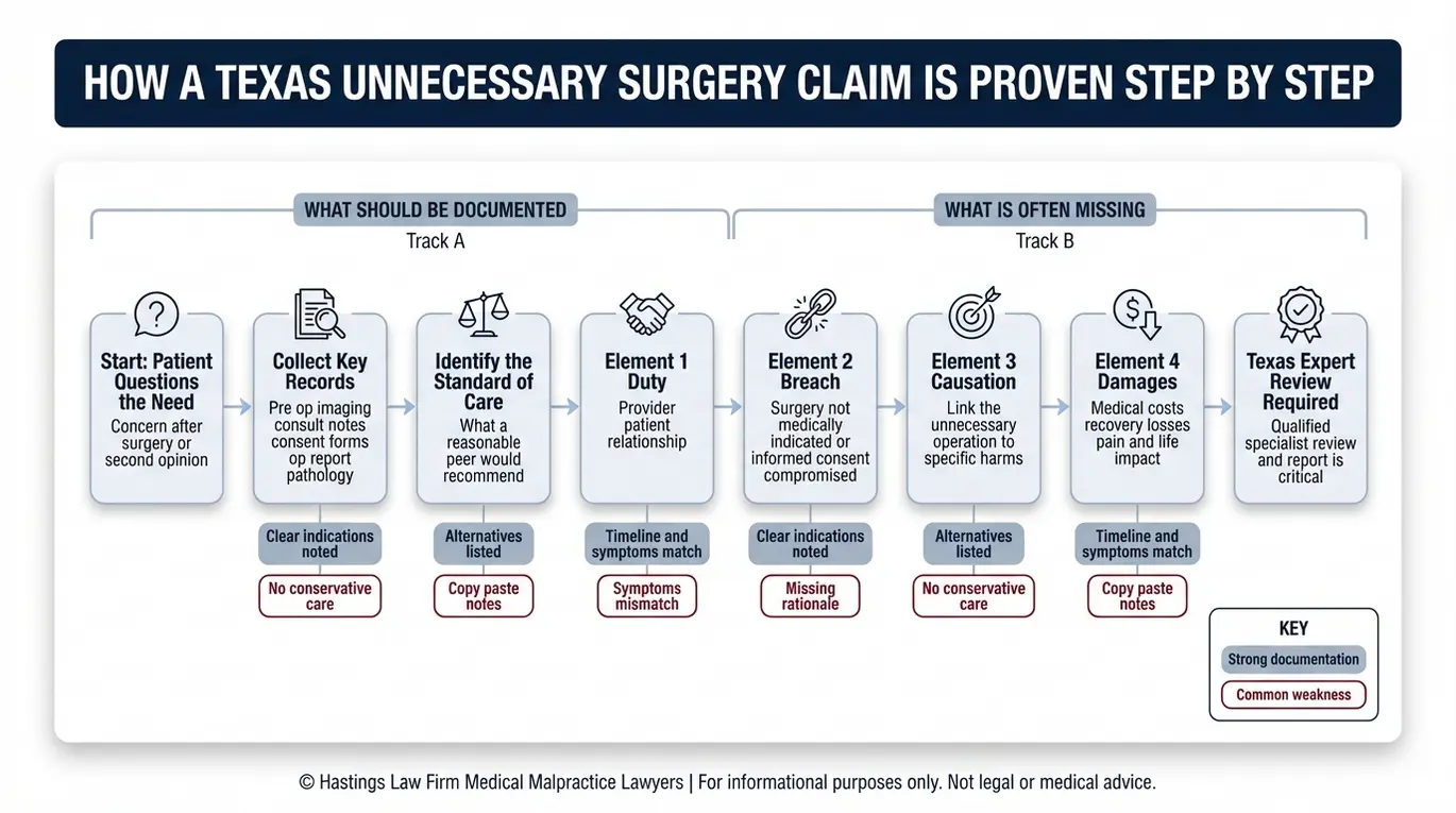 Flowchart outlining how a Fort Worth Unnecessary Surgery Lawyer proves duty breach causation and damages with required Texas expert review and key medical record evidence.