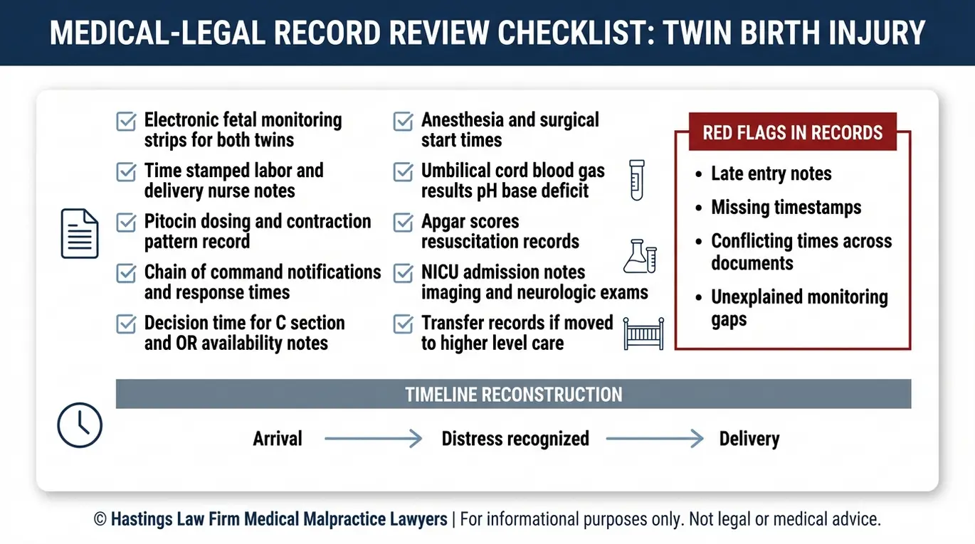 Evidence checklist for proving delay and causation in a twin birth negligence claim including fetal monitoring strips cord blood gases timestamps and charting red flags used by a Texas Delayed Twin Delivery Injury Lawyer.