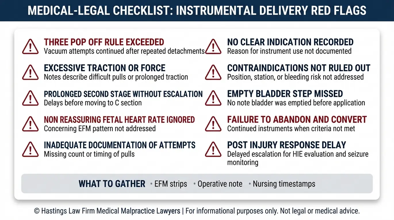 Lista de verificación de advertencias para un abogado especializado en lesiones durante el parto con pinzas y ventosa Texas, que enumera señales de alerta sobre el nivel de atención, como infracciones de la «regla de las tres pulsaciones», omisión de la monitorización de la frecuencia cardíaca fetal, tracción excesiva, documentación deficiente y respuesta tardía tras la lesión.
