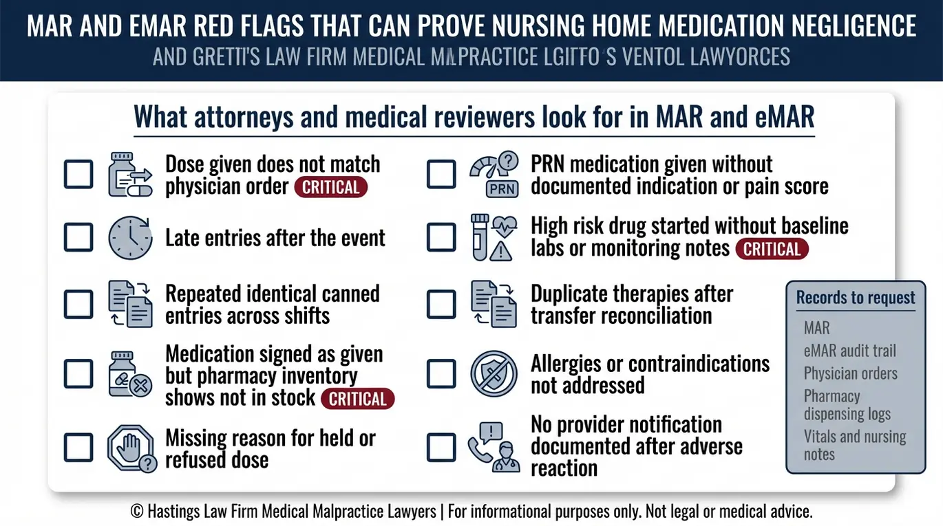 Warning checklist of MAR and eMAR documentation red flags used by a Texas Nursing Home Medication Error Lawyer to evaluate nursing home medication negligence.