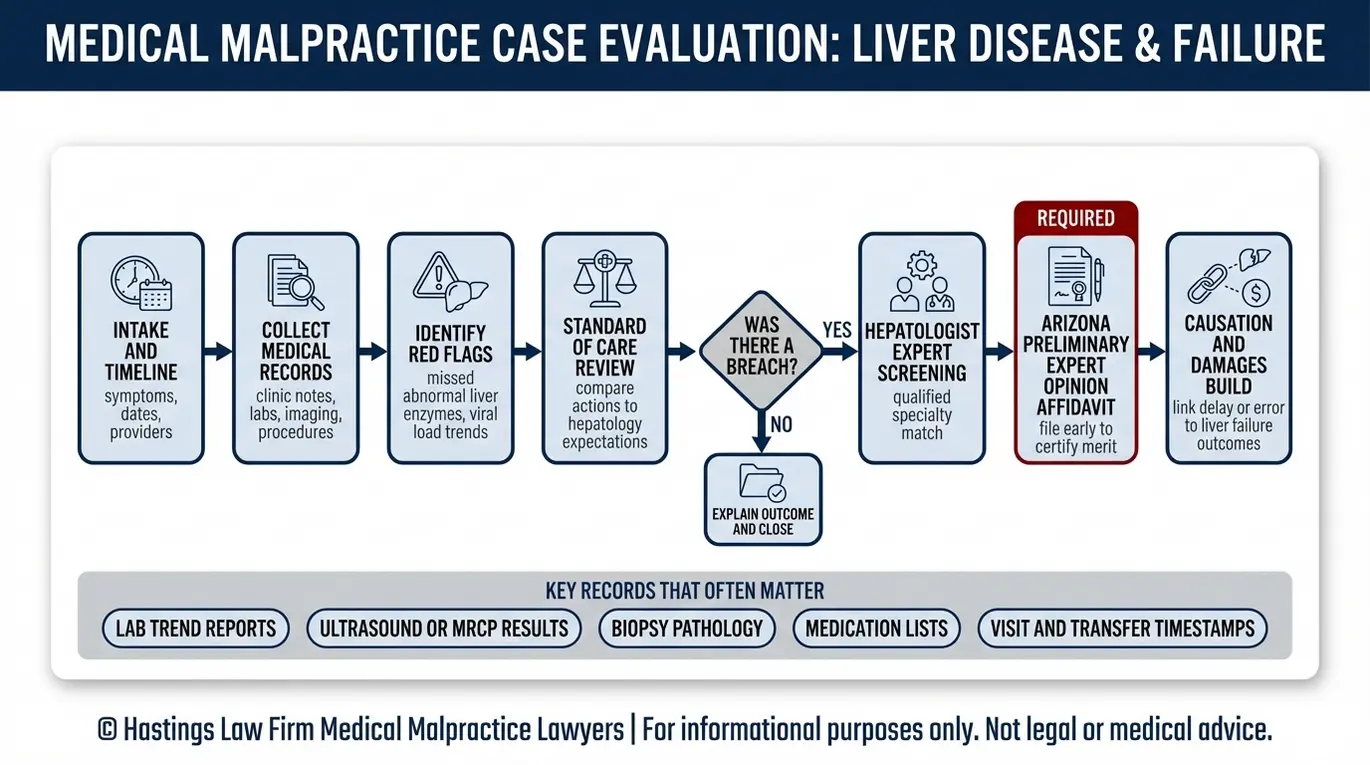 Diagrama de flujo de un caso de negligencia médica de un hepatólogo de Arizona, en el que se muestran los pasos desde la recopilación de expedientes hasta la necesidad de una declaración jurada de un perito y la demostración de la causalidad.