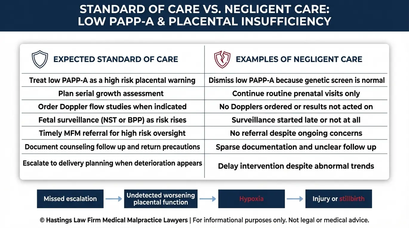 Comparison chart showing standard of care versus negligent care in low PAPP A IUGR management with a causation chain used by a Texas Low PAPP-A IUGR Negligence Lawyer to evaluate breach and harm.