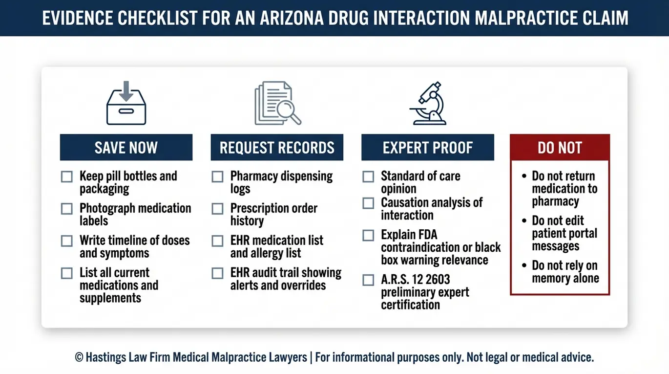 Infografía con una lista de verificación de pruebas para una demanda por negligencia profesional relacionada con interacciones farmacológicas en Arizona, que incluye registros de farmacia, registros de auditoría de historias clínicas electrónicas y certificaciones de expertos.