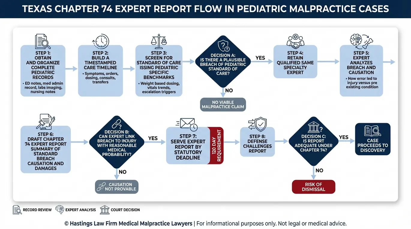 Process flowchart showing how a Texas pediatric malpractice claim is proven with records timeline and Chapter 74 expert report steps as used by a Fort Worth Pediatric Malpractice Lawyer.