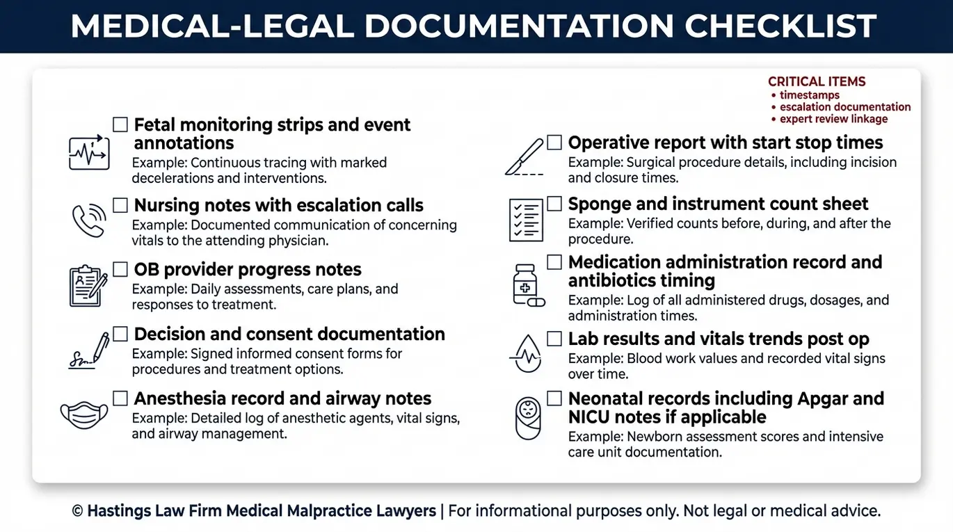 Lista de verificación de los expedientes médicos y los documentos de testimonios de expertos que utiliza un abogado especializado en negligencia médica en cesáreas Texas para demostrar la negligencia en casos de partos por cesárea.