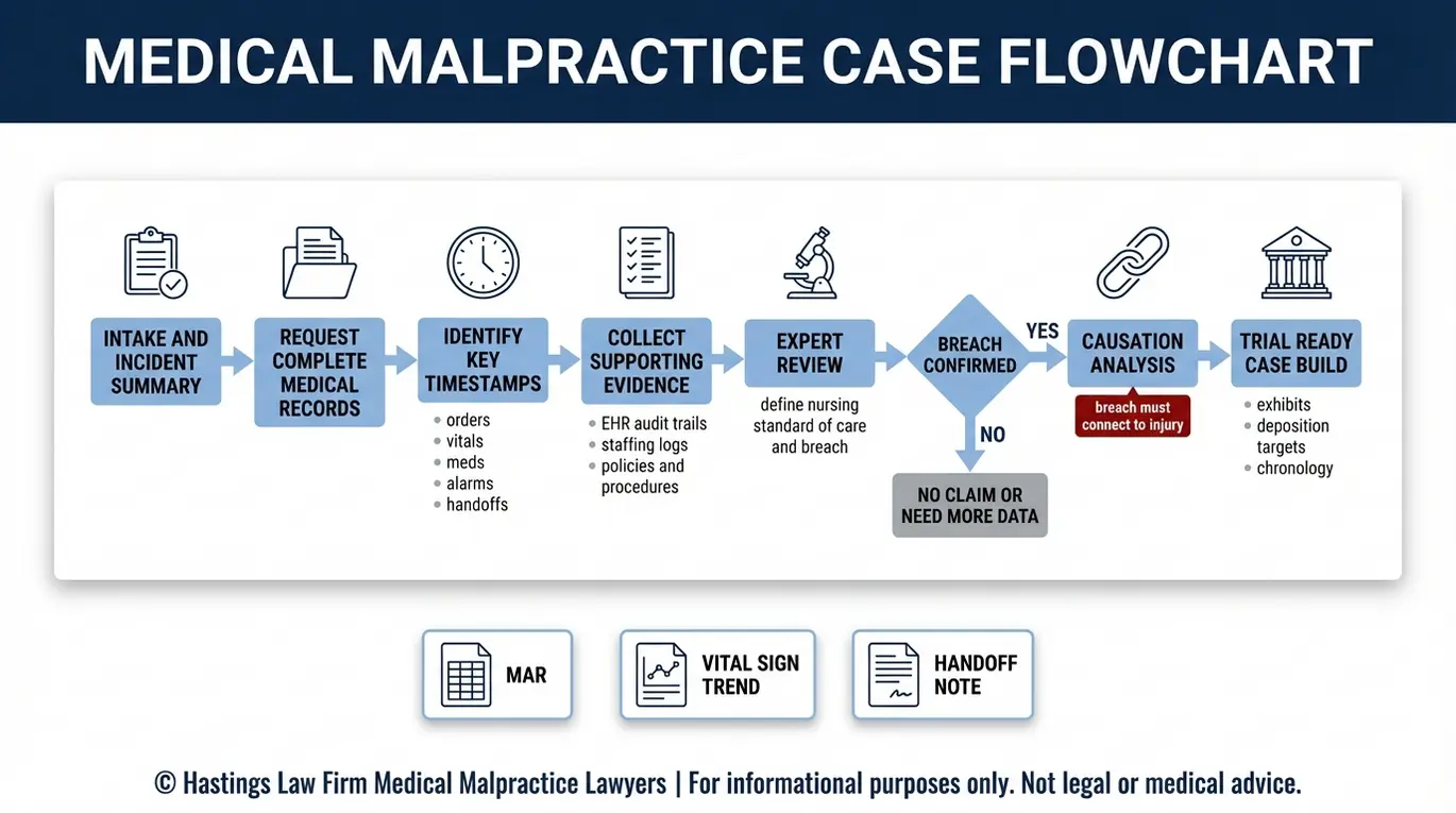 Diagrama de flujo que describe cómo un abogado especializado en negligencia médica de Arizona recopila los expedientes médicos, recurre a peritos y demuestra el incumplimiento y la relación de causalidad.