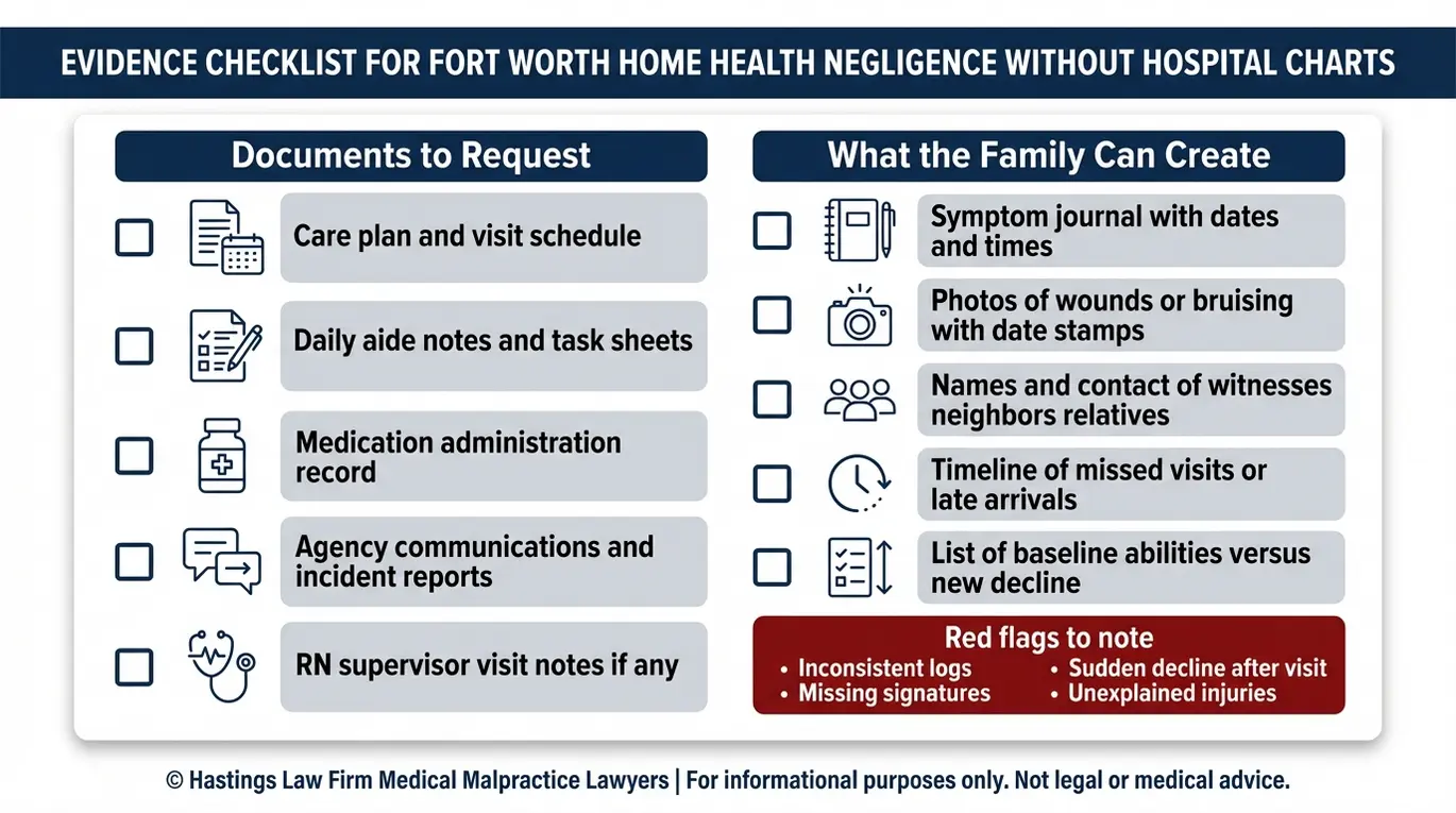 Checklist of documents and family created records used by a Fort Worth Home Health Care Provider Malpractice Lawyer to prove negligence without hospital records.
