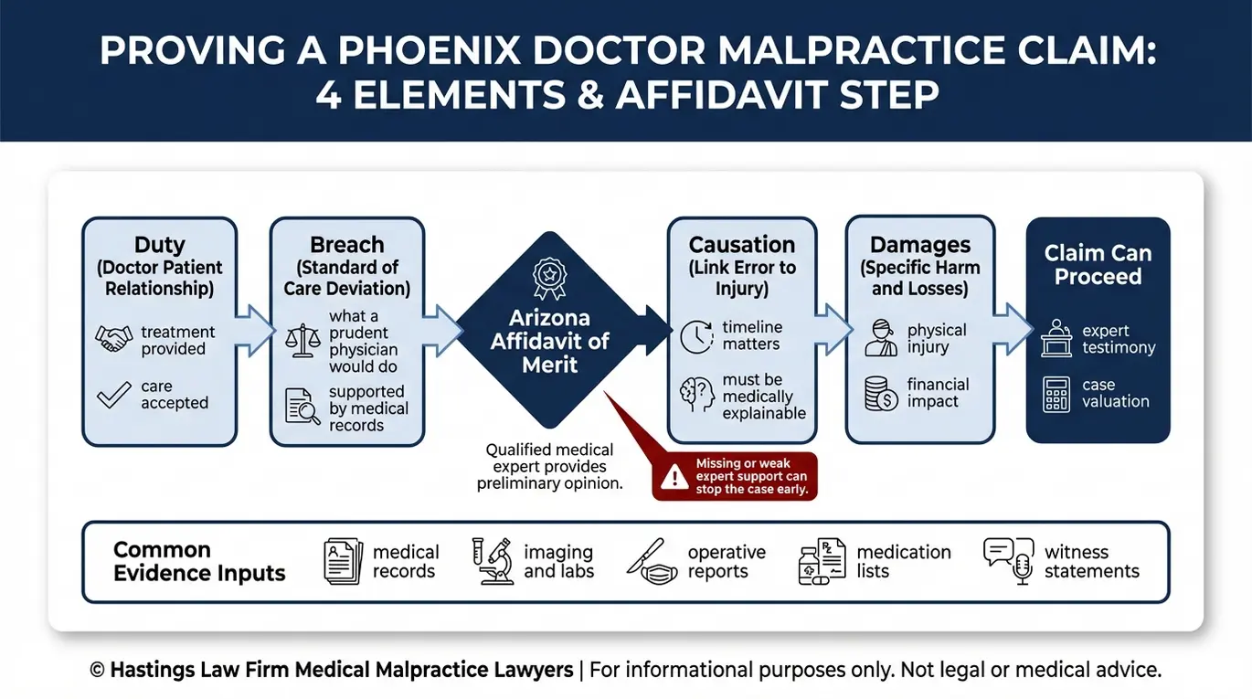 Diagrama de flujo que describe los cuatro elementos legales y la etapa de la declaración jurada de fundamento que utiliza un abogado especializado en negligencia médica de Phoenix para demostrar la negligencia del médico.