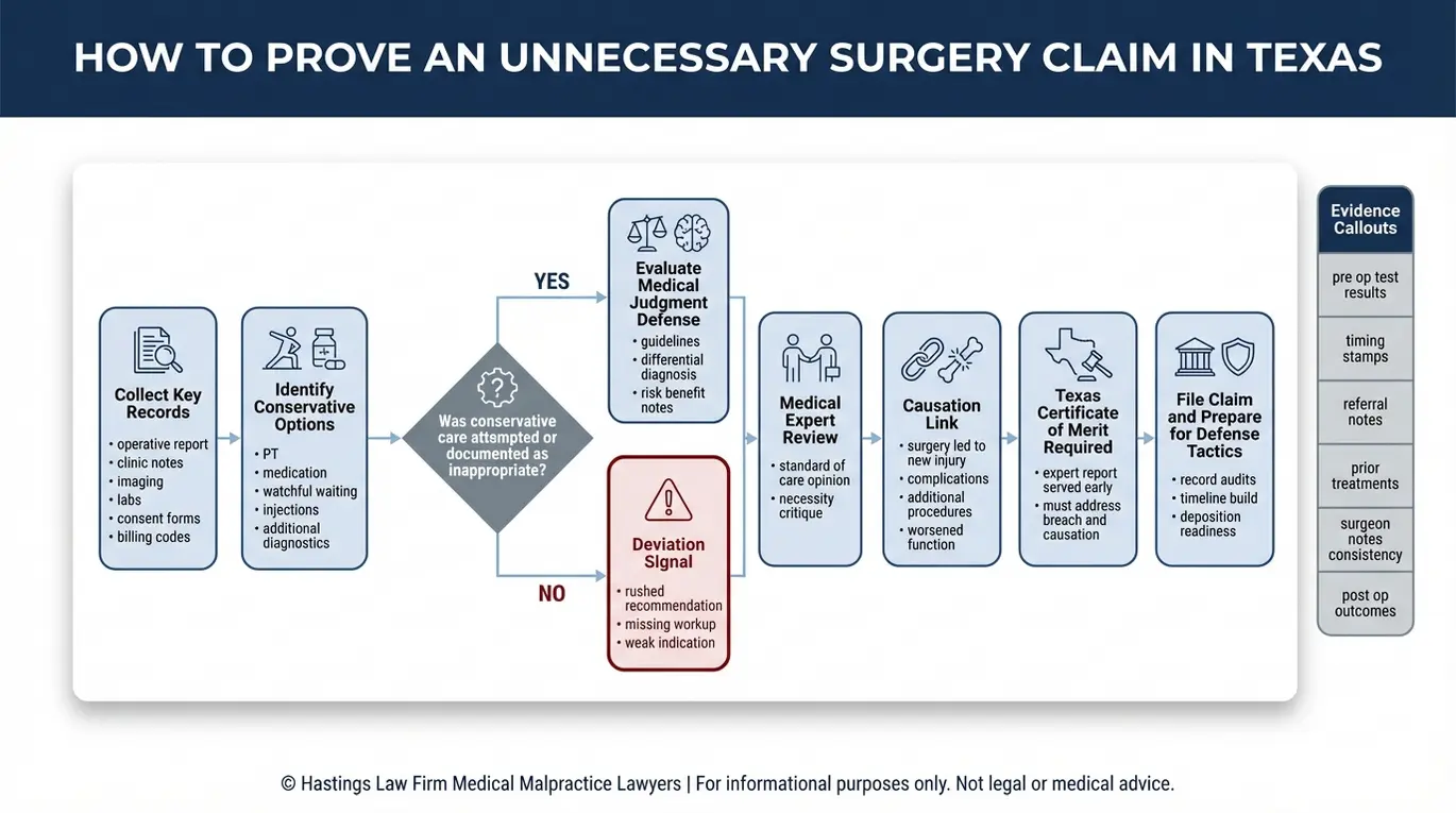 Flowchart showing how an Austin Unnecessary Surgery Lawyer proves breach causation and certificate of merit steps using medical records and expert review.
