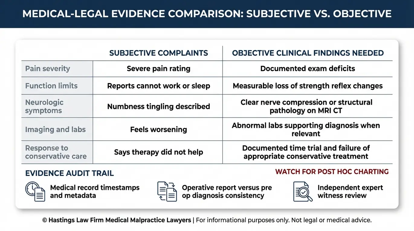 Tabla comparativa que muestra cómo un abogado especializado en cirugías innecesarias de Arizona evalúa los síntomas subjetivos frente a los hallazgos clínicos objetivos, además de elementos probatorios clave como imágenes médicas, informes quirúrgicos y datos de registros de auditoría.