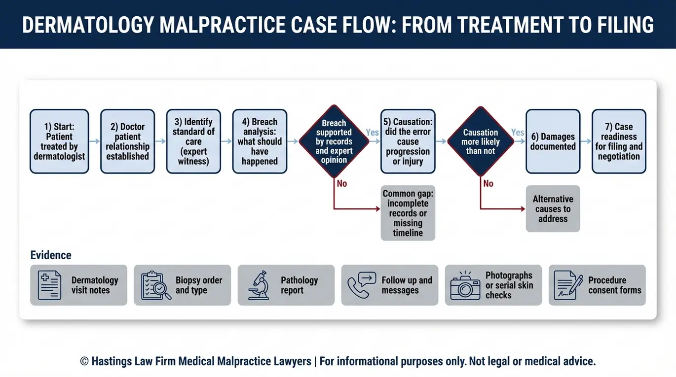 Diagrama de flujo para un abogado especializado en negligencia médica de dermatólogos (Texas) que muestra cómo demostrar la negligencia de un dermatólogo a través del incumplimiento del estándar de atención, la causalidad y los daños, utilizando historiales médicos, informes patológicos, formularios de consentimiento y fotografías.
