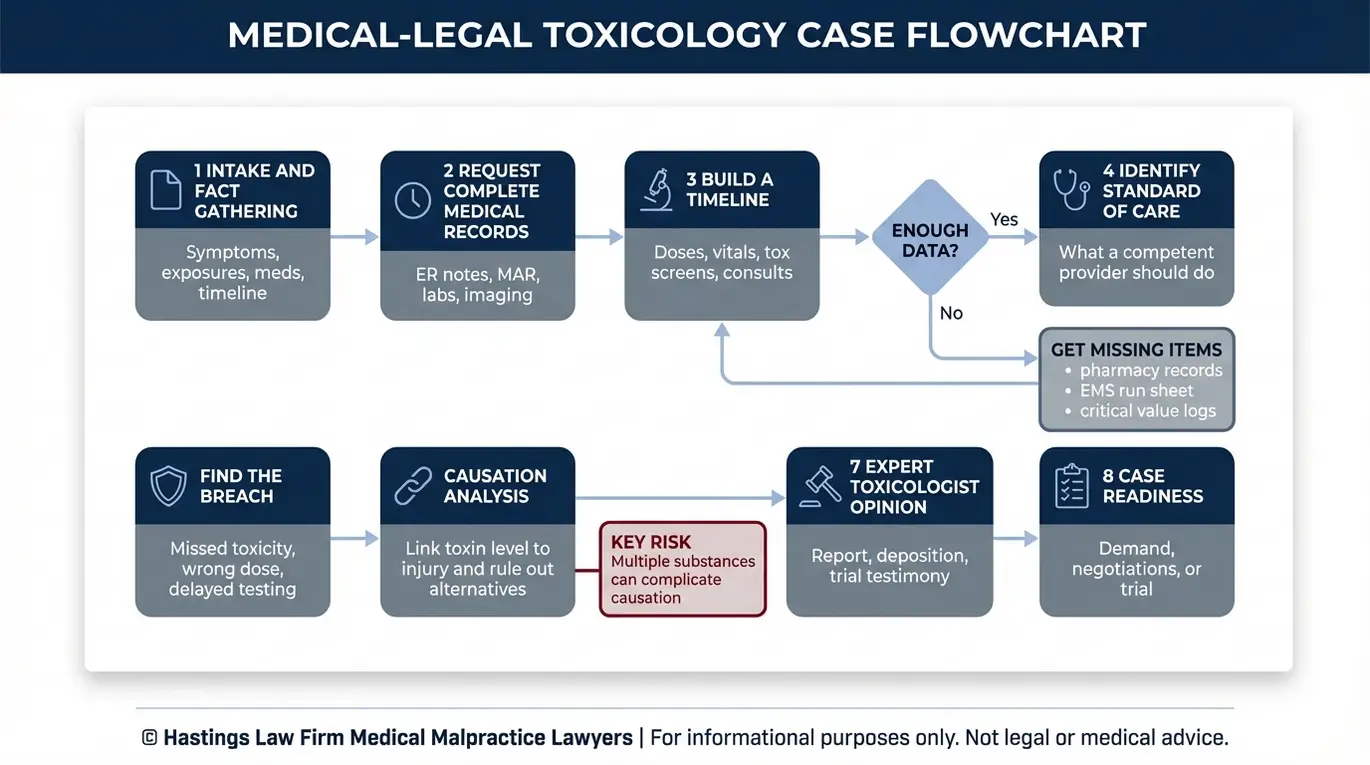 Process flowchart explaining how an Arizona Toxicologist Malpractice Lawyer proves toxicology malpractice using medical records timelines standard of care breach causation analysis and expert toxicologist testimony.