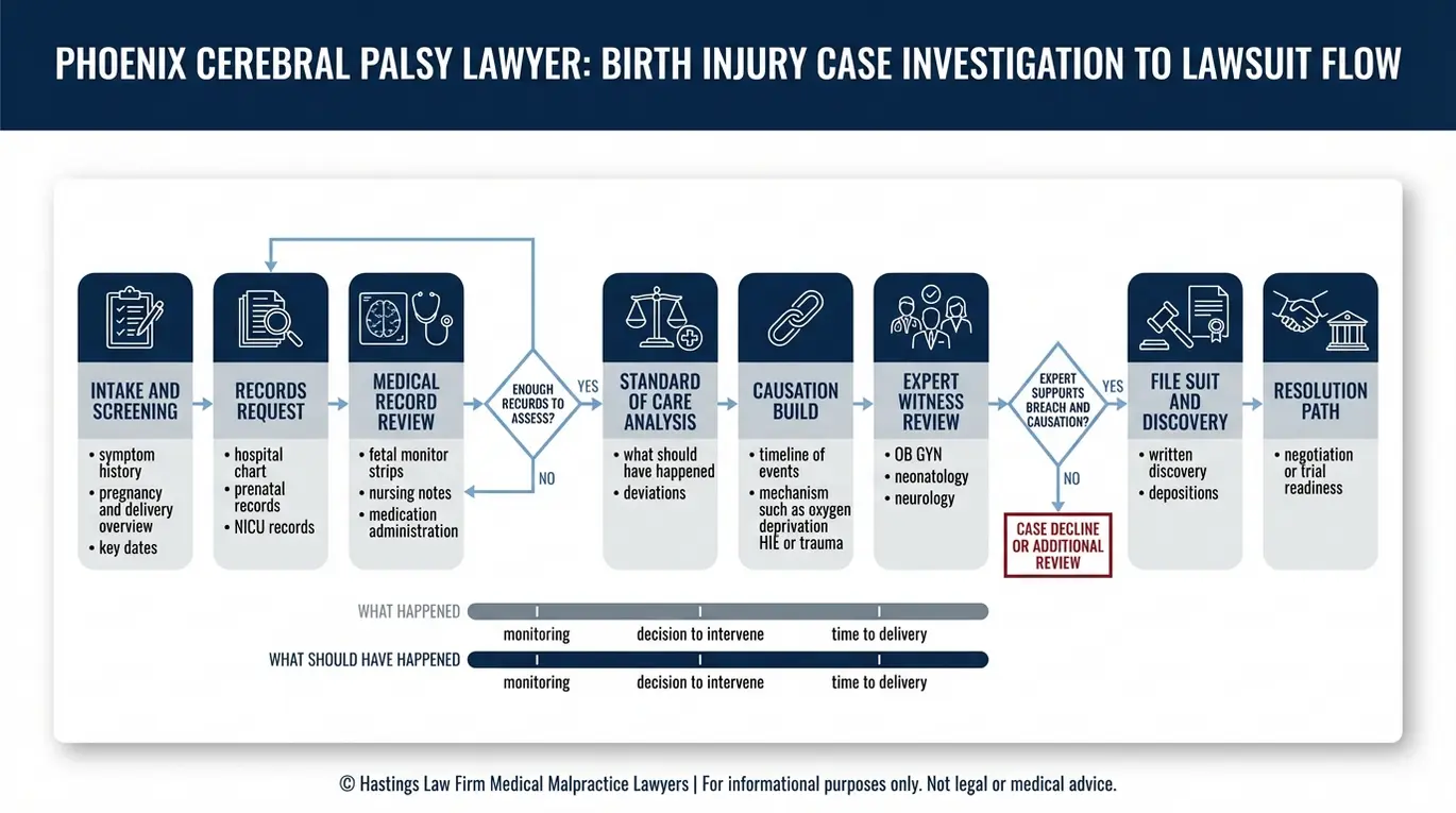 Diagrama de flujo que muestra los pasos de la investigación y los puntos de decisión que utiliza un abogado especializado en parálisis cerebral de Phoenix para demostrar la falta de diligencia y la relación de causalidad, desde los expedientes médicos hasta la presentación de pruebas.