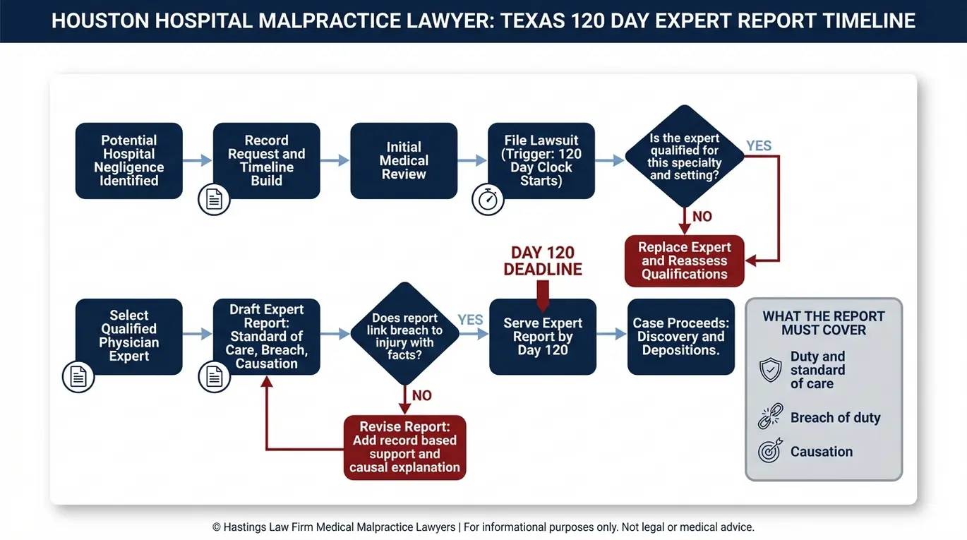 Diagrama de flujo que muestra los pasos que debe seguir un abogado especializado en negligencia médica del Hospital de Houston para cumplir con el requisito del informe pericial de 120 días según el principio Texas, incluyendo la verificación de las cualificaciones, los elementos de causalidad del incumplimiento del deber y el plazo.
