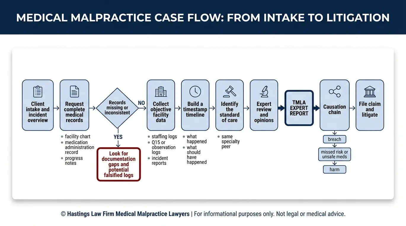 Diagrama de flujo de un caso de negligencia profesional de un psicólogo y un psiquiatra (Texas) que muestra el informe pericial sobre la recopilación de historiales médicos, la cadena de causalidad según el Capítulo 74 y las etapas del litigio.