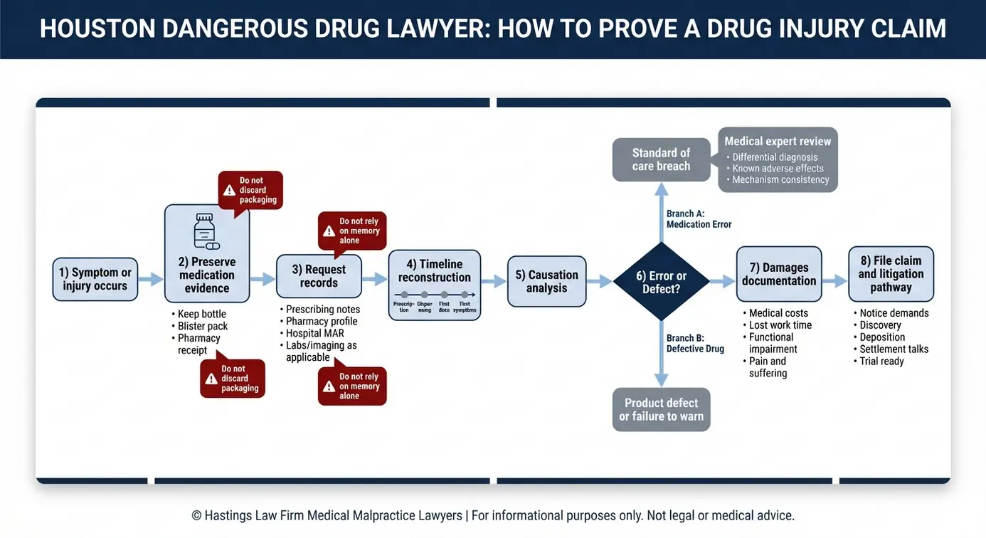 Diagrama de flujo elaborado por un abogado especializado en medicamentos peligrosos de Houston en el que se describe cómo demostrar una demanda por daños causados por un medicamento, desde la conservación del envase del medicamento hasta el análisis de la causalidad por parte de expertos y la documentación de los daños.