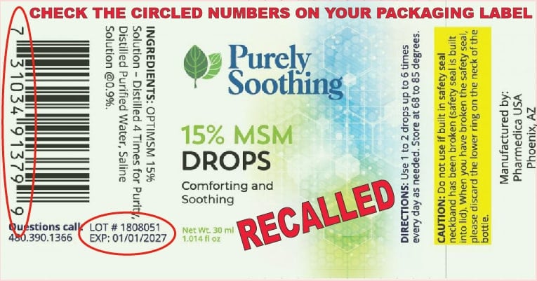 Envase para las gotas de MSM «Purely Soothing» —se venden en todo el mundo a través de tiendas en línea y ferias comerciales—
