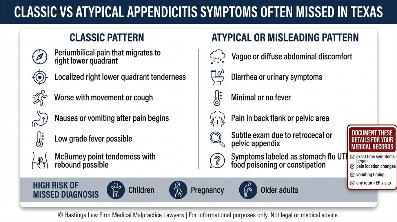 Comparison chart of classic and atypical appendicitis symptoms often reviewed by a Texas Appendicitis Misdiagnosis Lawyer including high risk groups and documentation tips.