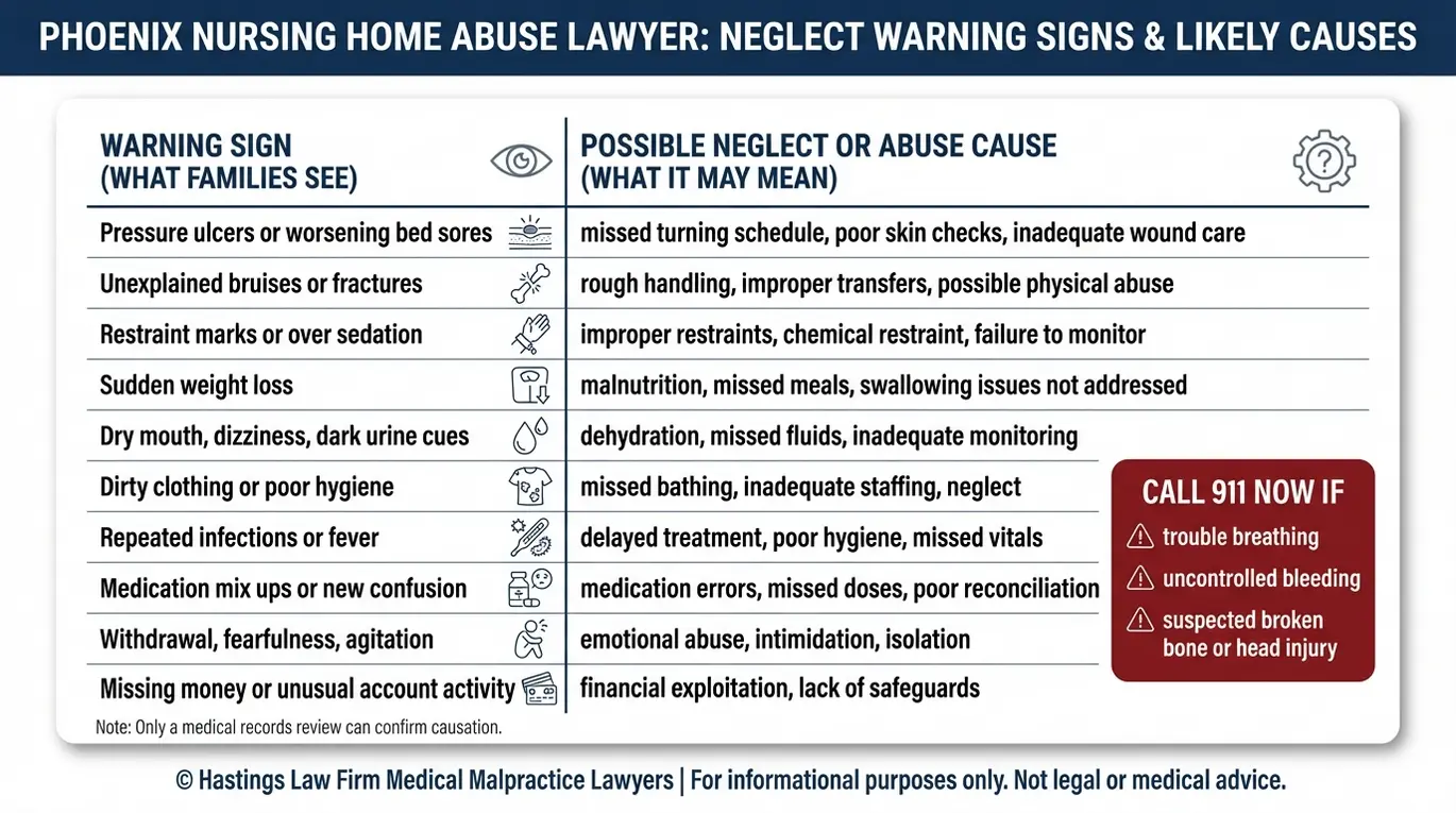 Lista de verificación de señales de alerta que indica los síntomas y las posibles causas de negligencia para una evaluación por parte de un abogado especializado en casos de abuso en residencias de ancianos de Phoenix, incluyendo úlceras por presión, desnutrición, deshidratación, errores en la medicación y explotación financiera.