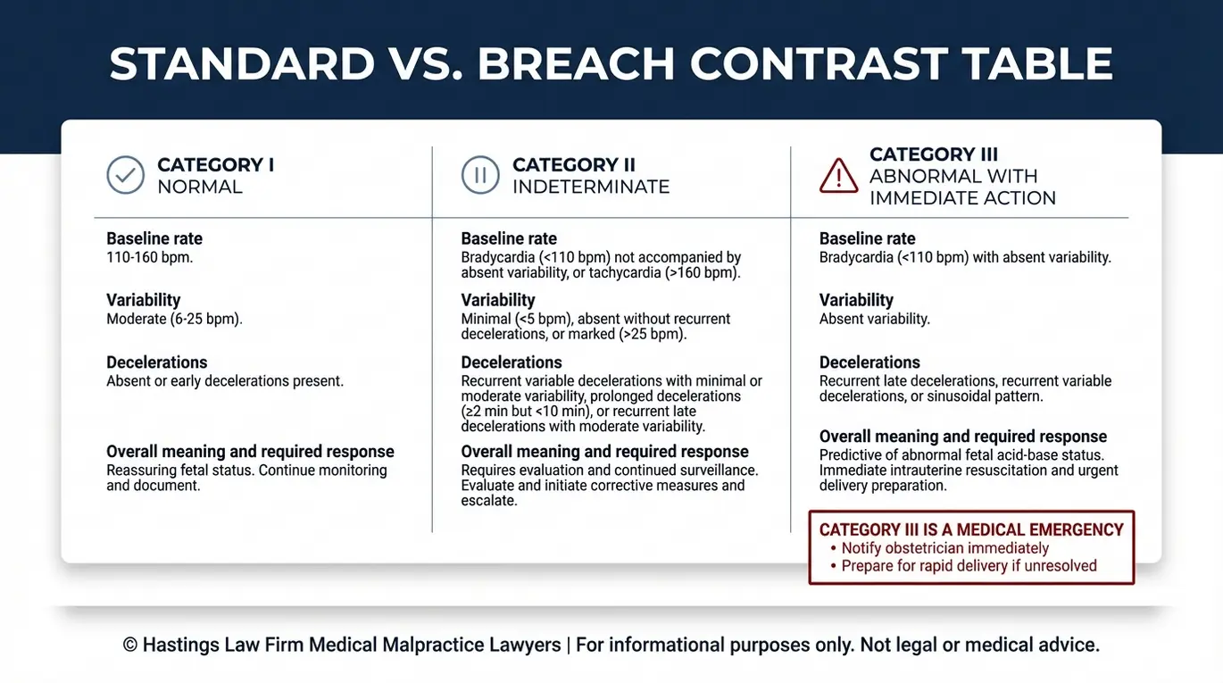 Comparison chart explaining Category I Category II and Category III fetal heart rate tracings and the required clinical response for a Texas Fetal Monitoring Malpractice Lawyer case review.