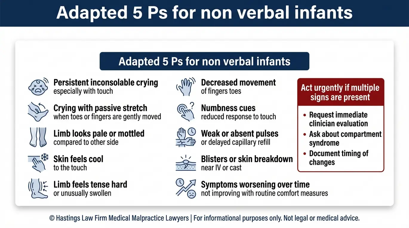 Warning checklist of infant compartment syndrome symptoms including persistent crying, pain with passive stretch, pallor, cool skin, tense swelling, decreased movement, and weak pulses, guidance often reviewed by a Texas Infant Compartment Syndrome Lawyer.