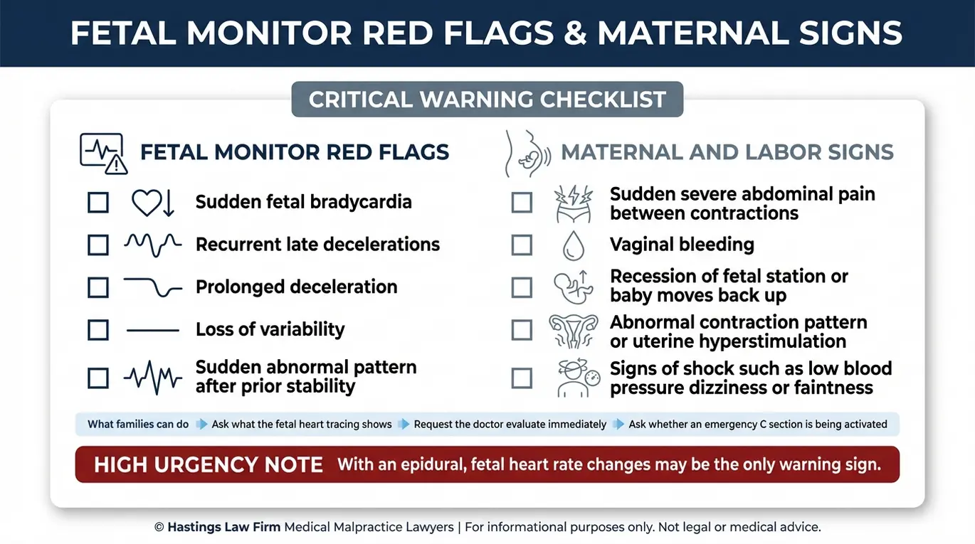 Warning checklist for an Arizona Uterine Rupture Lawyer listing fetal heart rate monitoring red flags and maternal symptoms that can signal uterine rupture in VBAC or induced labor.