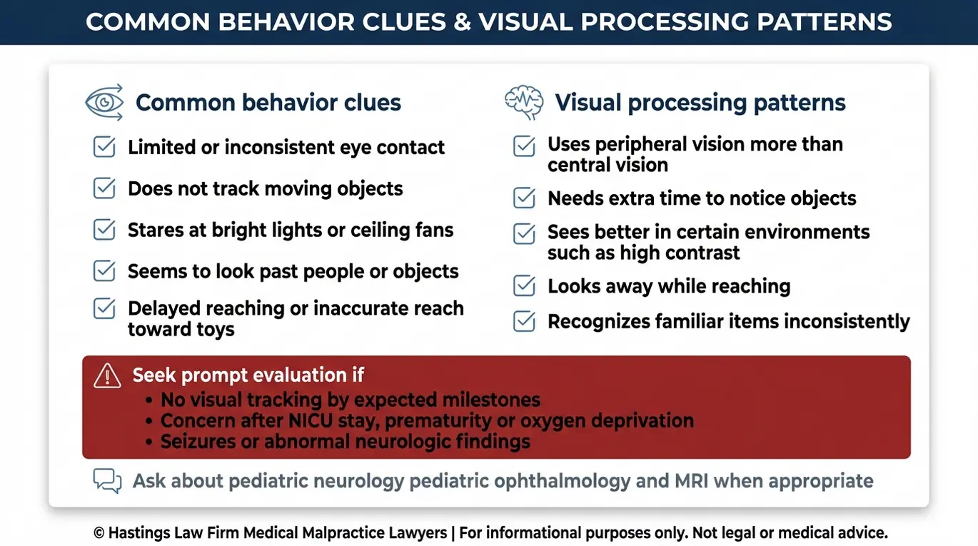 Warning checklist for Texas Infant Cortical Blindness Lawyer searches listing early cortical visual impairment signs in infants plus urgent evaluation triggers and next steps to request medical assessment.