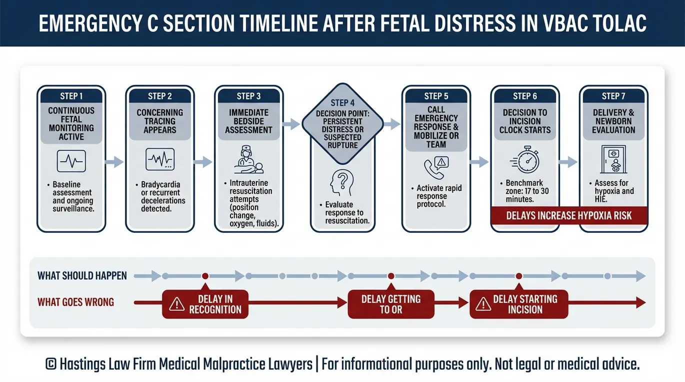Process flowchart showing fetal distress recognition and decision to incision timing for a Texas VBAC Complications Lawyer uterine rupture and delayed C section analysis.