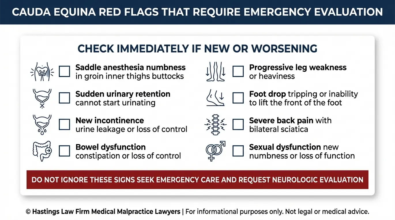 Warning checklist of cauda equina syndrome red flag symptoms used by an Arizona Cauda Equina Syndrome Malpractice Lawyer to evaluate missed diagnosis claims.