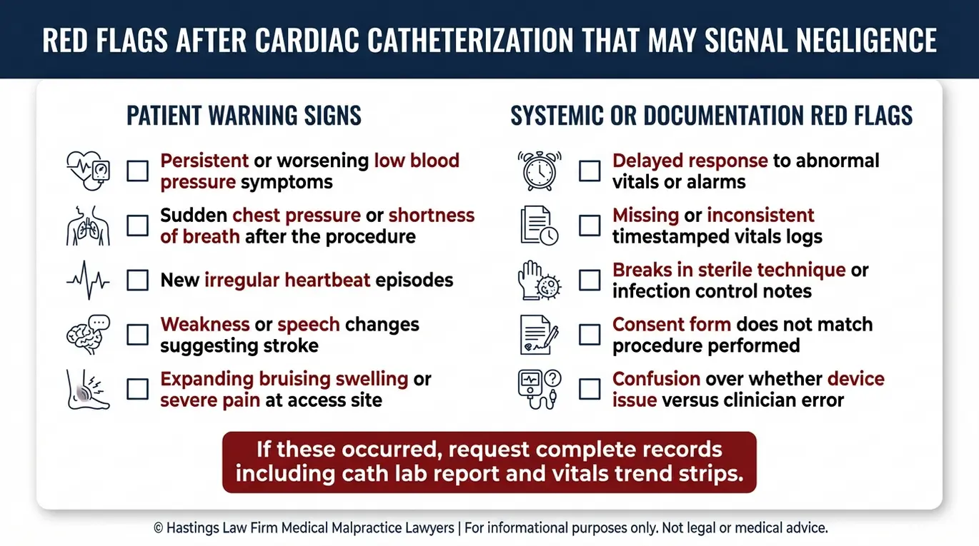 Lista de verificación de advertencias para un abogado especializado en complicaciones de cateterismos cardíacos en Arizona, que incluye señales de alerta en los pacientes y fallos sistémicos, tales como hipotensión, signos de accidente cerebrovascular, arritmias, sangrado en el sitio de acceso, rupturas de la esterilidad y discrepancias en el consentimiento.