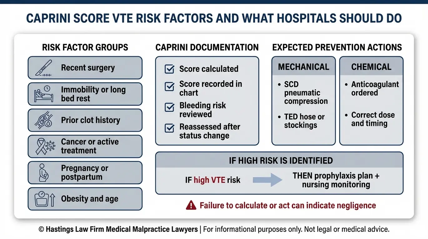 Caprini Score overview showing pulmonary embolism risk factors, required documentation, and prevention actions relevant to a Texas Pulmonary Embolism Malpractice Lawyer evaluation.