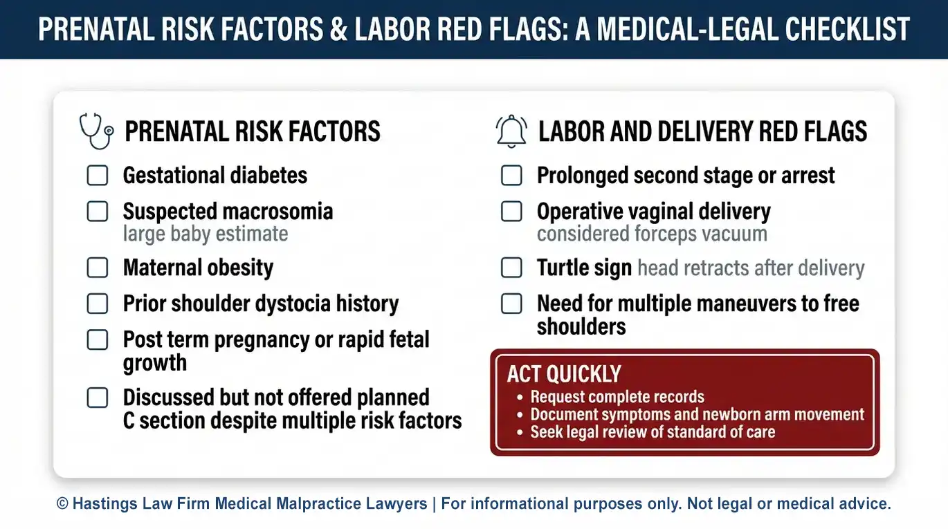 Warning checklist of shoulder dystocia risk factors and red flags relevant to an Arizona Brachial Plexus Injury Lawyer review.