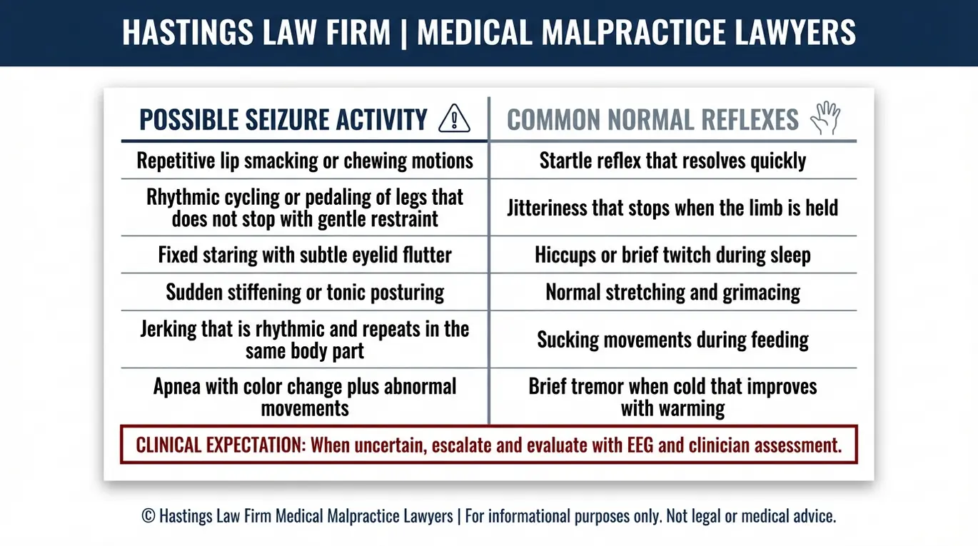 Comparison chart for Texas Untreated Infant Seizure Lawyer research showing possible neonatal seizure signs versus common normal newborn reflexes to help families understand what NICU staff should recognize.