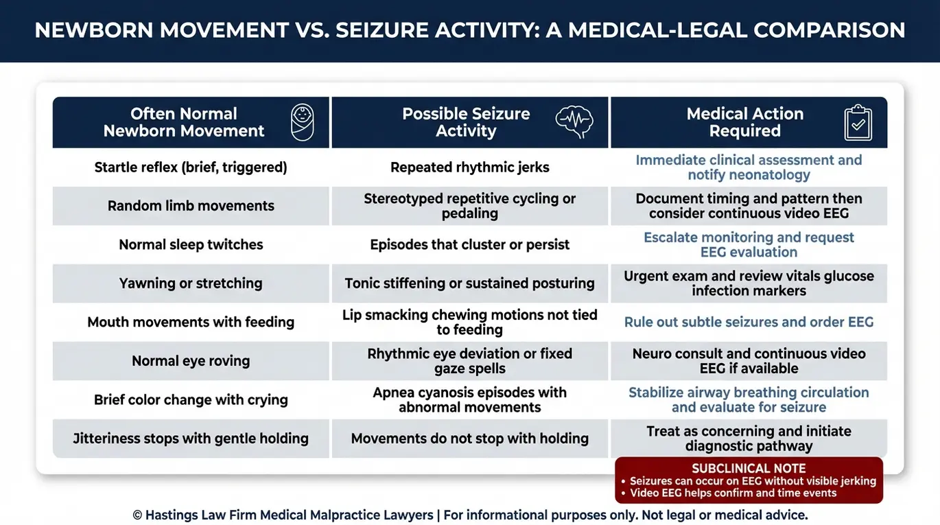 Tabla comparativa que ayuda a un abogado especializado en convulsiones no tratadas en bebés de Arizona a explicar los movimientos normales de los recién nacidos frente a los posibles signos de convulsiones neonatales, así como las medidas médicas necesarias, incluido el EEG con video en continuo.