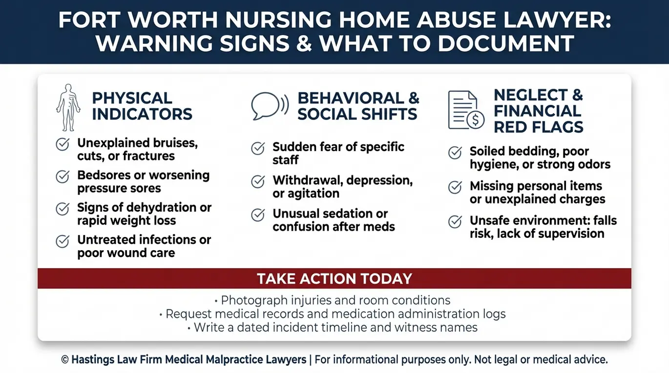 Checklist of warning signs and documentation steps a Fort Worth Nursing Home Abuse Lawyer reviews for suspected elder abuse and neglect.