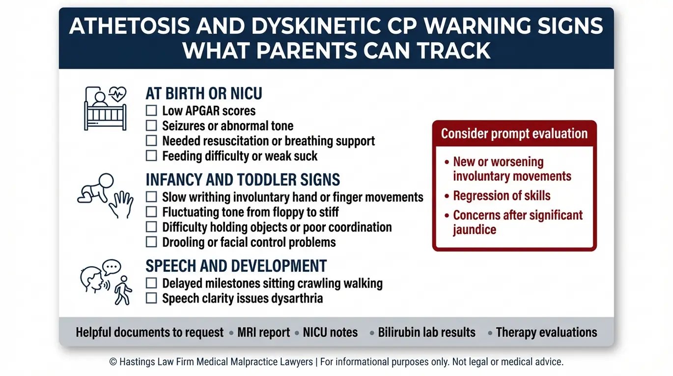 Warning checklist of signs of athetosis and dyskinetic cerebral palsy including APGAR clues milestone delays and MRI records for a Texas Athetosis Malpractice Lawyer evaluation.
