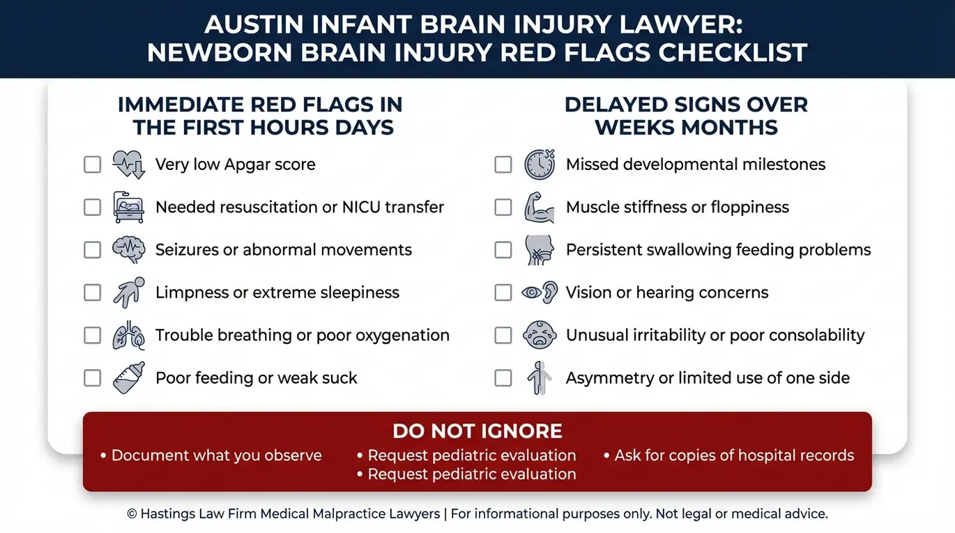 Lista de verificación de lesiones cerebrales en recién nacidos: señales de alerta inmediatas y signos tardíos que se deben tener en cuenta al consultar a un abogado especializado en lesiones cerebrales infantiles en Austin.