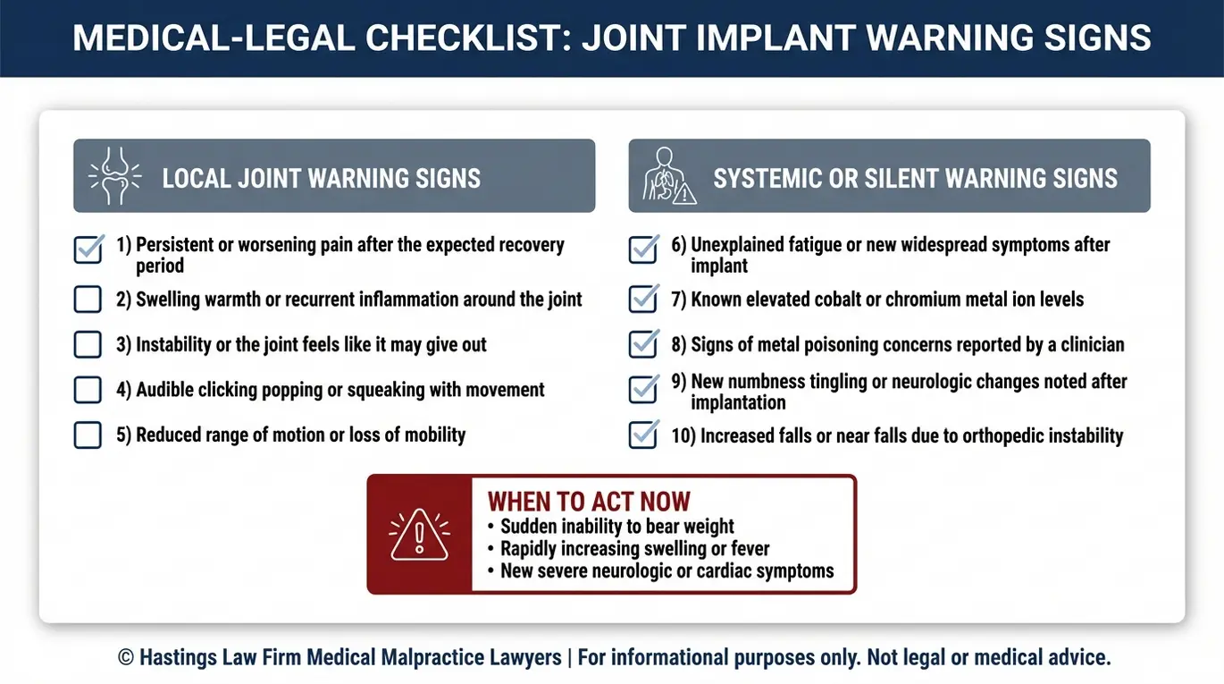 Lista de verificación de síntomas y señales de alerta que pueden indicar un fallo del implante para quienes buscan un abogado especializado en implantes articulares defectuosos en Arizona, incluyendo dolor, hinchazón, inestabilidad, toxicidad por iones metálicos y mayor riesgo de caídas.