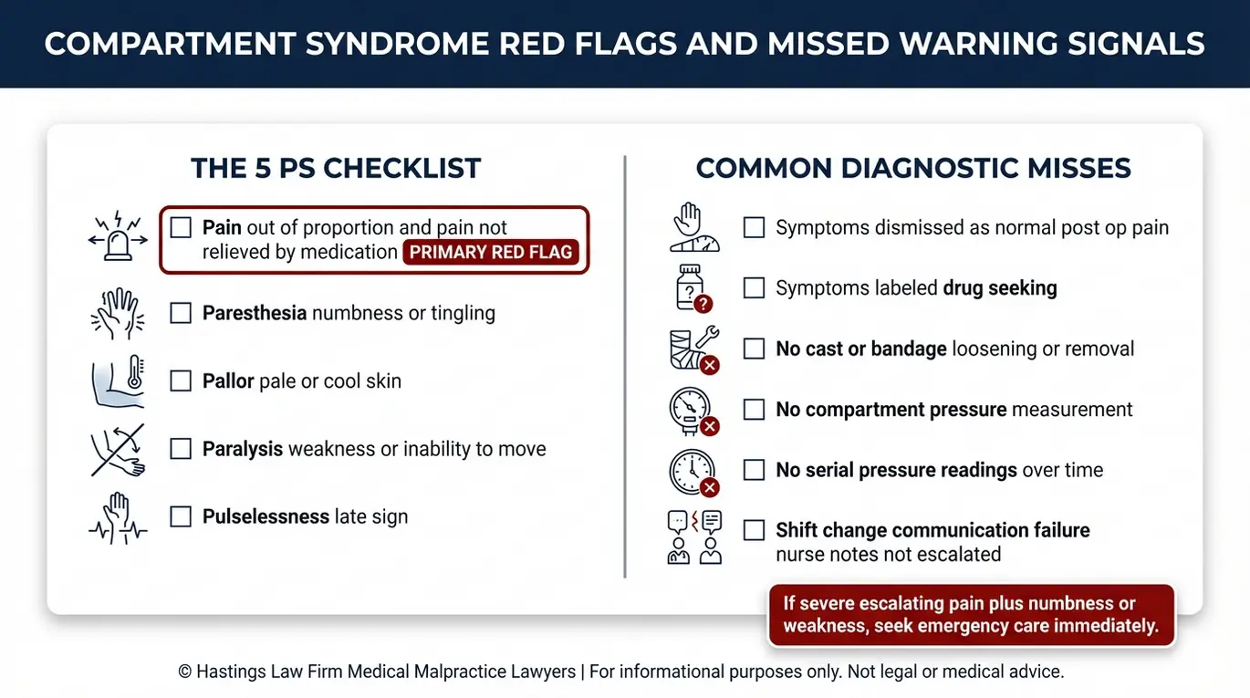 Warning checklist of the 5 Ps and missed diagnostic steps used in an Arizona Compartment Syndrome Malpractice Lawyer evaluation of delayed diagnosis.