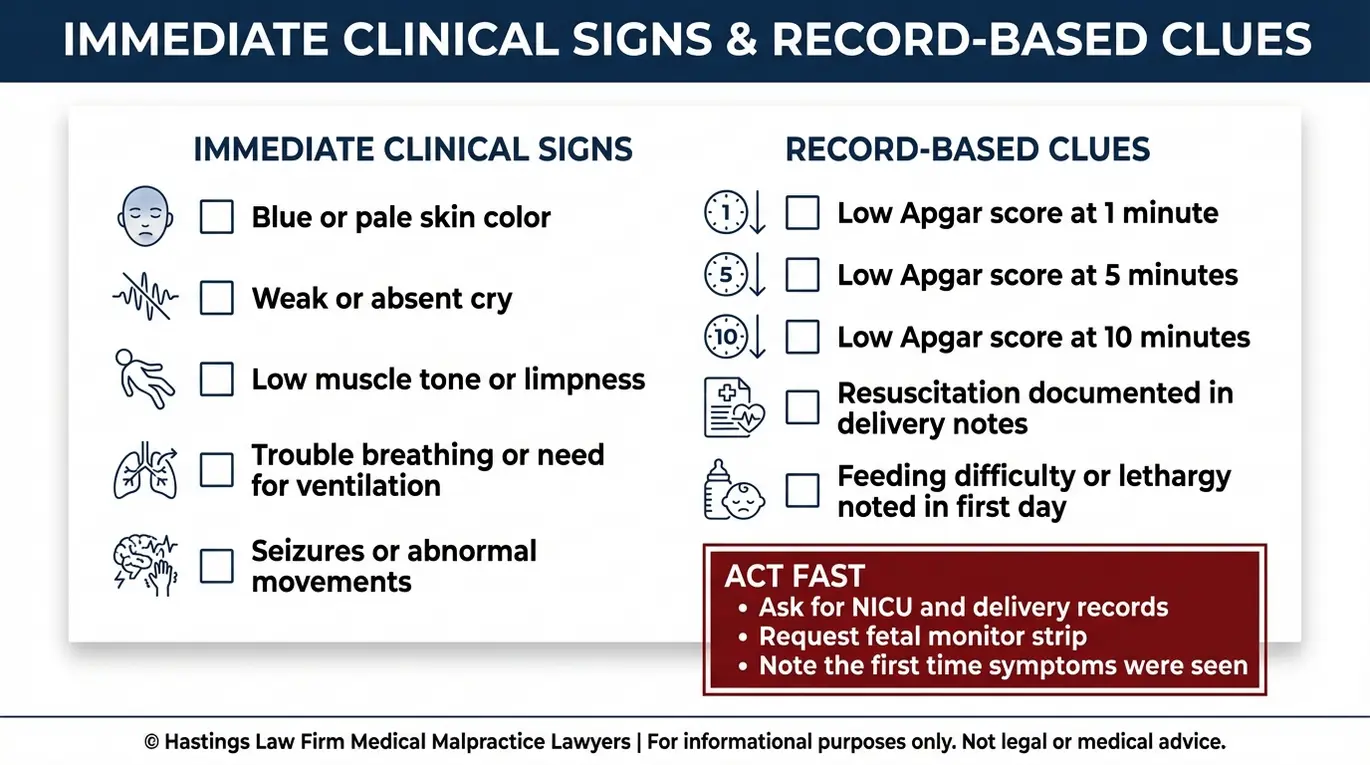 Warning checklist of newborn hypoxia and anoxia signs and the key records to document for a Texas Birth Asphyxia and Hypoxia Lawyer review.