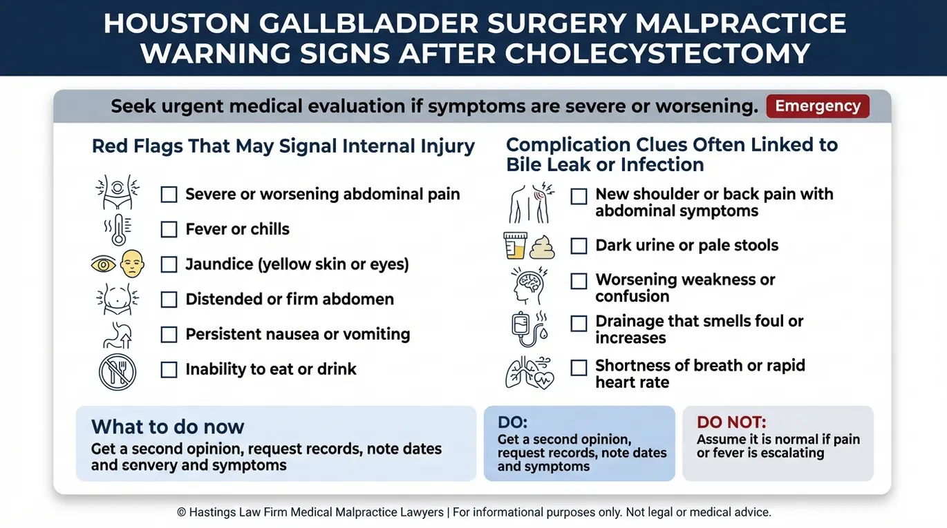 Warning checklist of post cholecystectomy red flag symptoms including jaundice fever and severe abdominal pain relevant to Houston gallbladder surgery malpractice and a Houston Gallbladder Surgery Error Lawyer consultation.