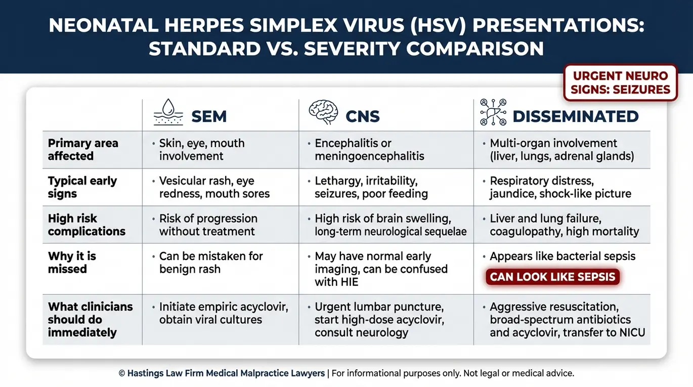 Comparison table summarizing neonatal herpes types SEM CNS and disseminated with key symptoms complications and urgent warning notes for Texas Infant Herpes C-Section Error Lawyer research.