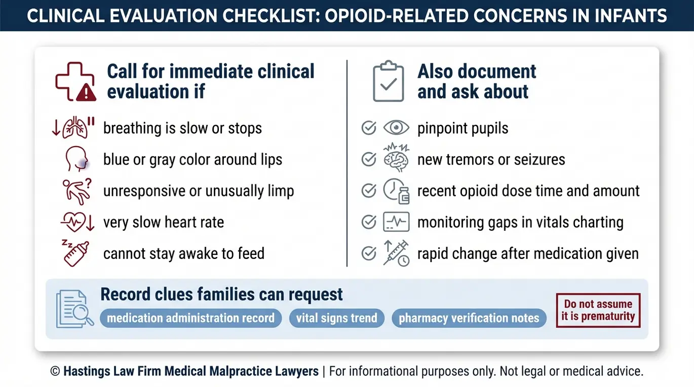 Lista de verificación de señales de alerta de intoxicación por opioides en bebés y pasos para la documentación, dirigida a padres que buscan un abogado especializado en casos de sobredosis de opioides en bebés en Arizona, incluyendo problemas respiratorios, falta de respuesta, pupilas puntiformes y lagunas en los registros médicos.